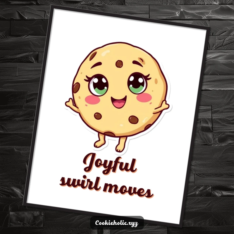 Funny dancing cookie digital art print of a cookie character with candy eyes and a swirl mouth, dancing cheerfully.