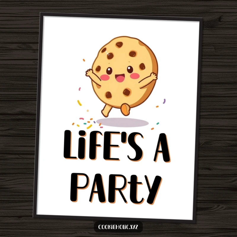 Funny digital art print of a cookie character performing a cartwheel and scattering sprinkles, ideal for digital decoration.