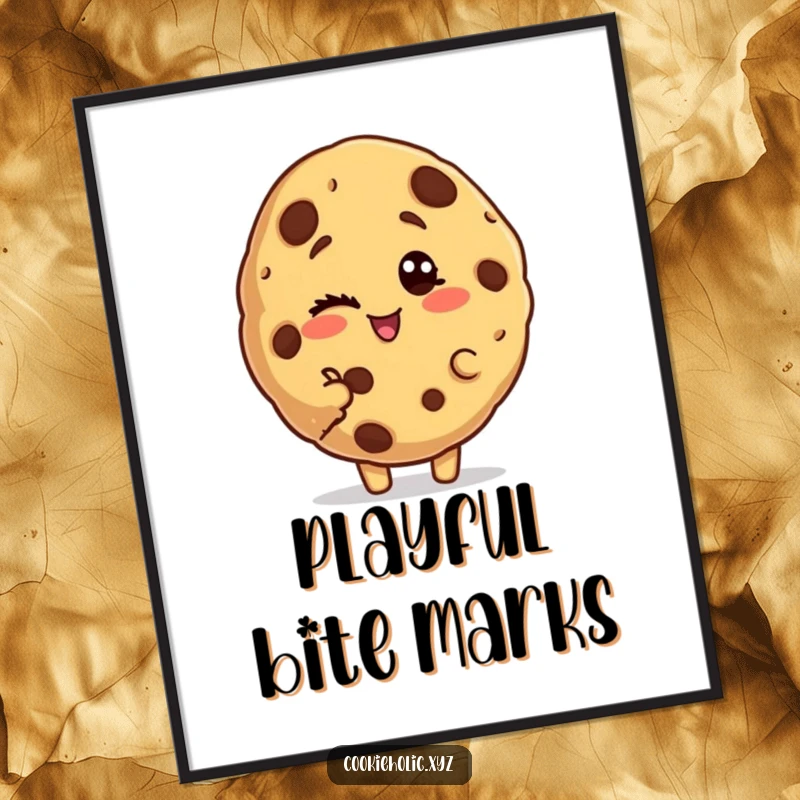 Funny bitten cookie digital art print of a cookie character with a bite missing, winking playfully.