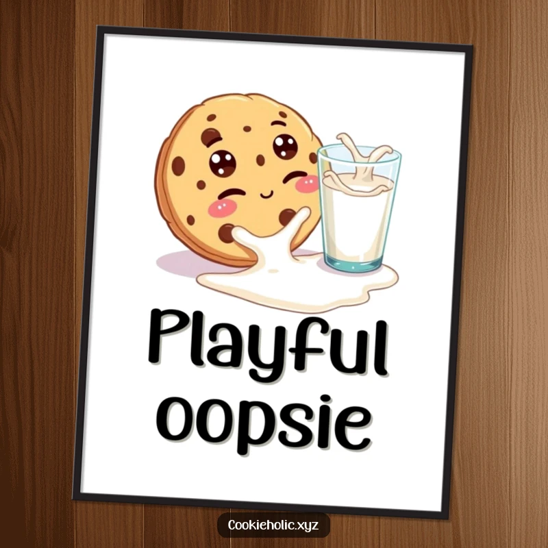 Funny digital art print of a cookie with googly eyes winking playfully at a spilled glass of milk, capturing a moment of cheeky, humorous delight.