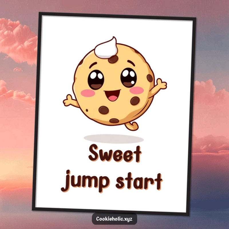 Printable funny whimsical cookie digital art, featuring a cookie character leaping with icing eyes and a smiling mouth.