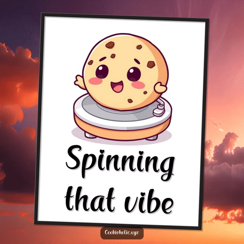 Funny digital art print of a cookie character spinning on a turntable, designed to bring music and humor to any screen.