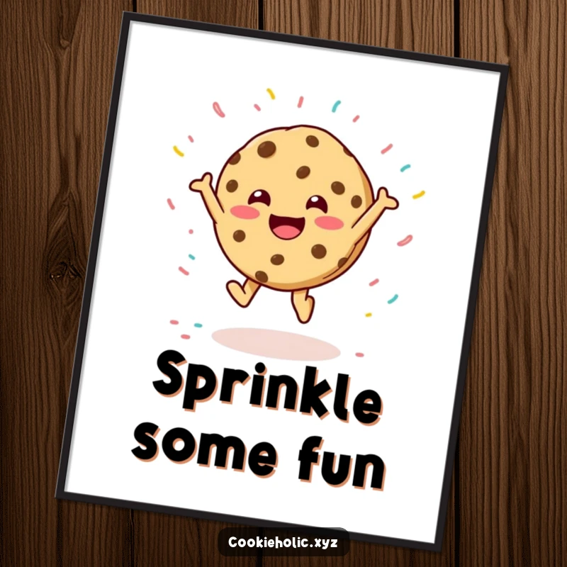 Funny digital art print of a jubilant cookie character leaping energetically, surrounded by a whimsical shower of colorful sprinkles.