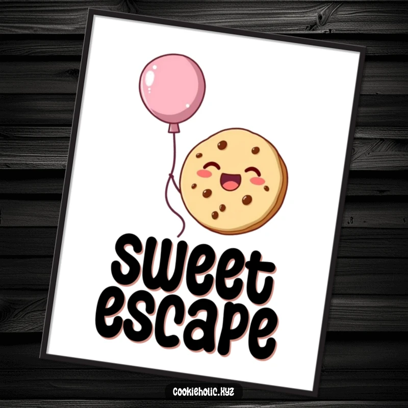Funny digital art print of a delighted cookie character floating upwards, attached to a creative helium balloon made of frosting.