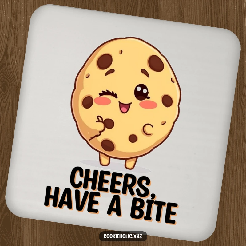 Funny bitten cookie coaster featuring a cookie character with a bite taken out, winking playfully.