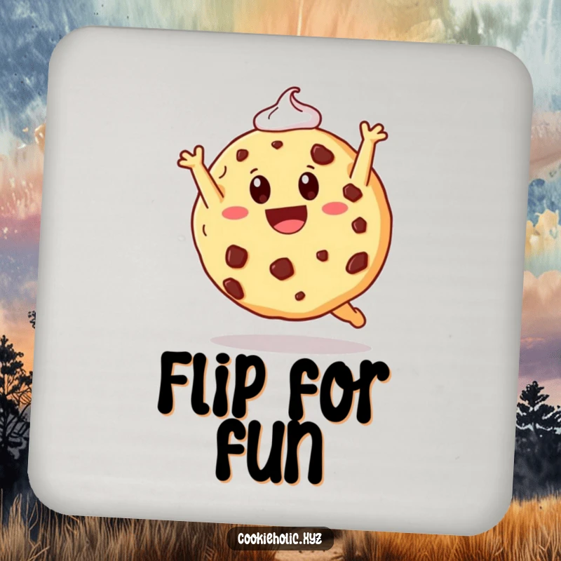 Funny drink coasters featuring a cookie doing a somersault, protecting surfaces with a sweet and humorous design.