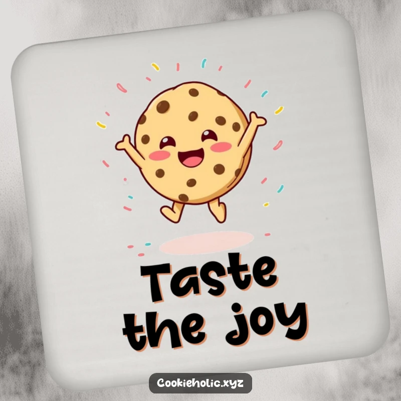 Funny coaster set featuring a happy cookie character leaping joyfully, decorated with a lively pattern of falling sprinkles.