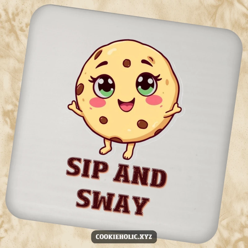 Funny dancing cookie coaster featuring a cookie character with candy eyes and a swirl mouth, dancing joyfully.