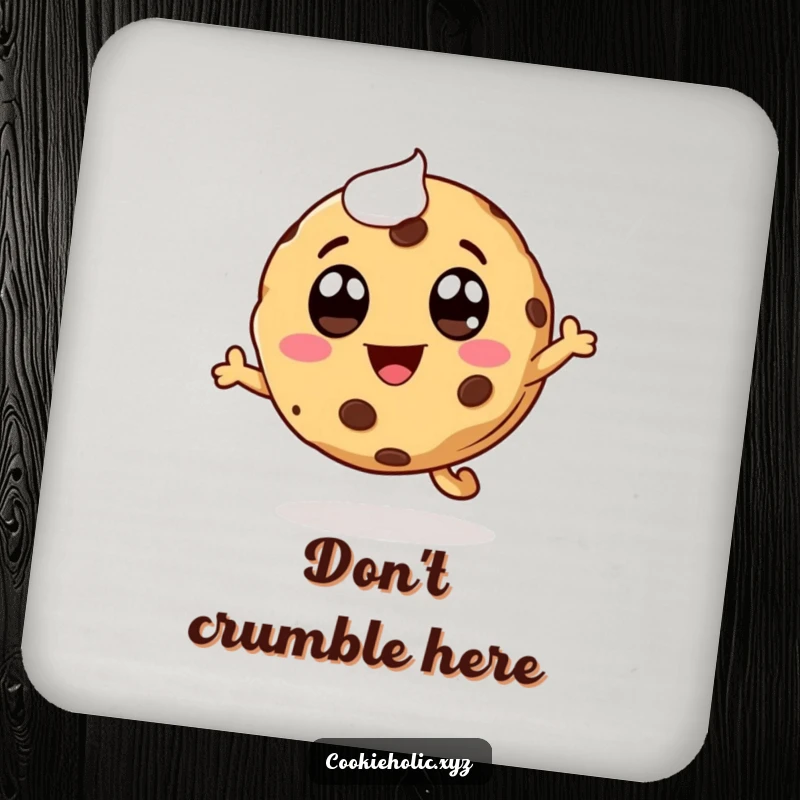 Funny whimsical cookie drink coaster set, cookie character leaping with icing eyes and a smiling mouth, stylish protection.