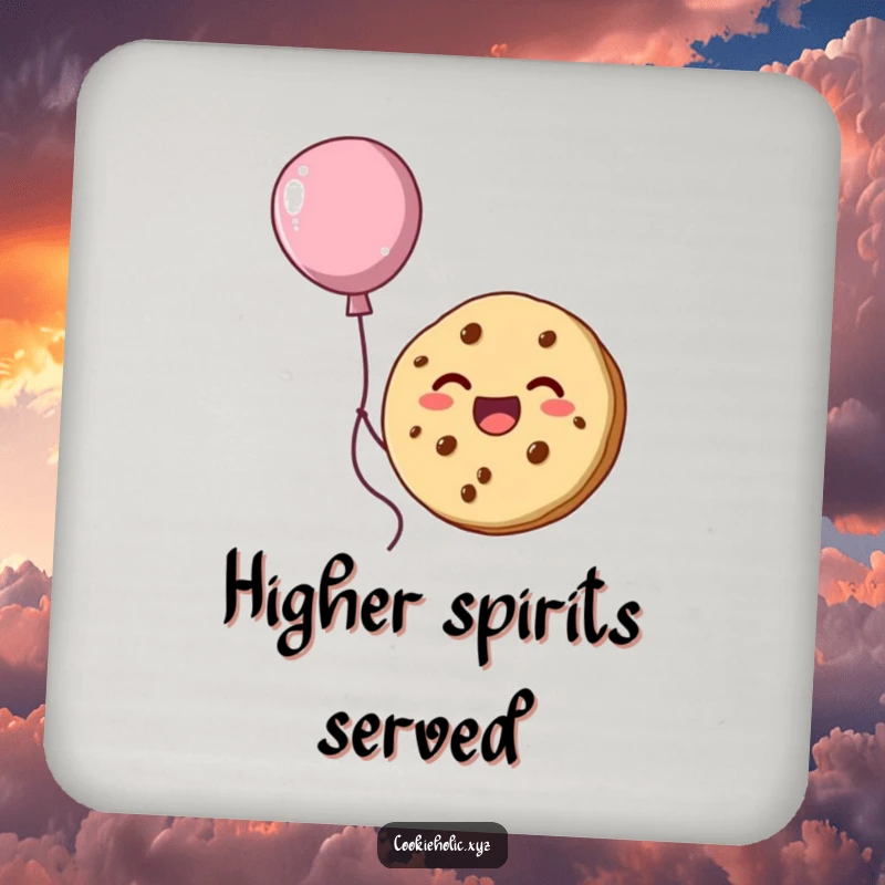 Funny coaster set showing a happy cookie character floating upwards, connected to a creative balloon made of frosting.