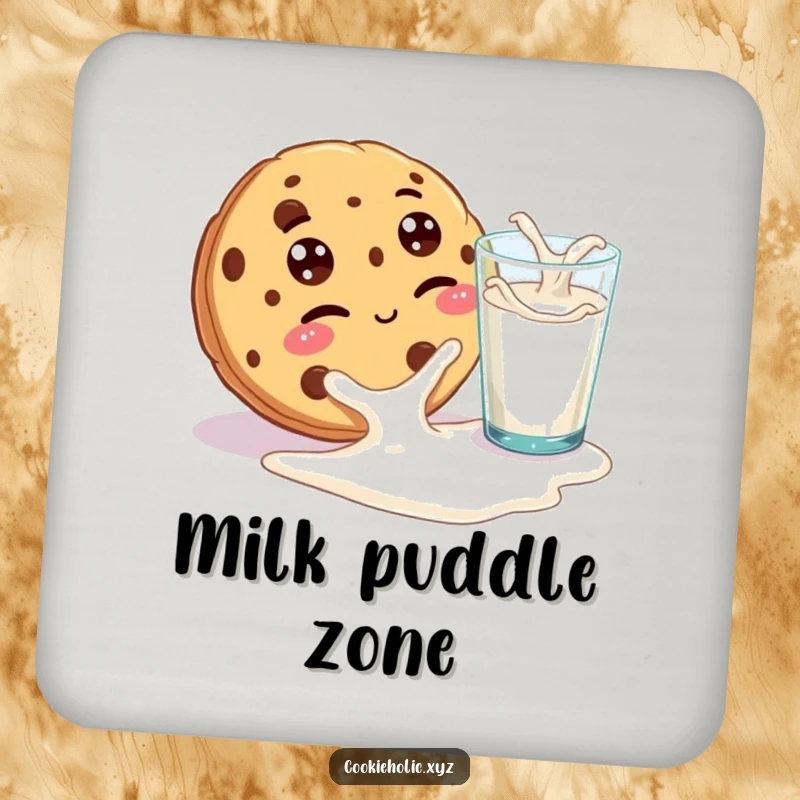 Funny drink coaster showing a cookie with googly eyes winking playfully at a spilled glass of milk, protecting surfaces with a cheeky and humorous design.