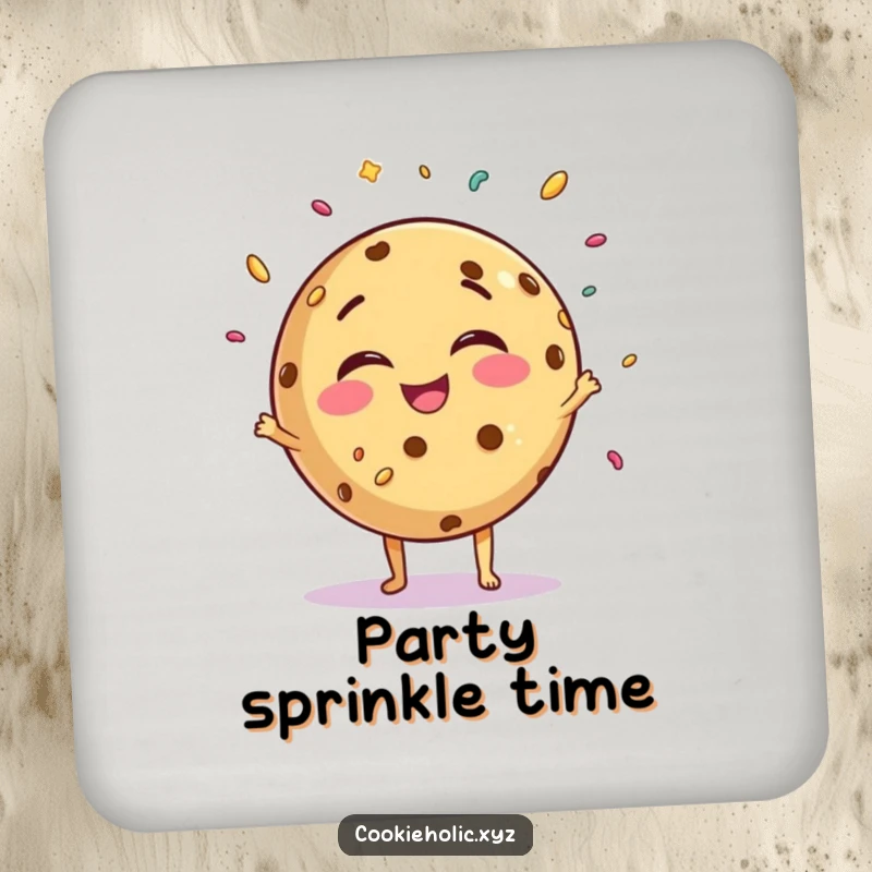 Funny giggling cookie drink coaster set, round cookie character juggling sprinkles with joy, stylish protection.