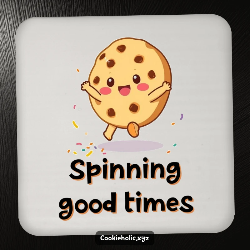 Funny drink coaster depicting a cookie character doing a cartwheel, scattering sprinkles, adding humor to any surface.