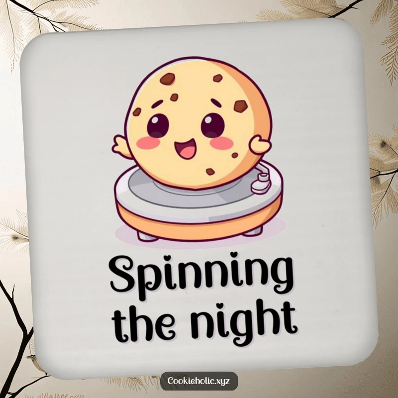Funny drink coaster showing a cookie character spinning on a turntable, great for parties and music enthusiasts.