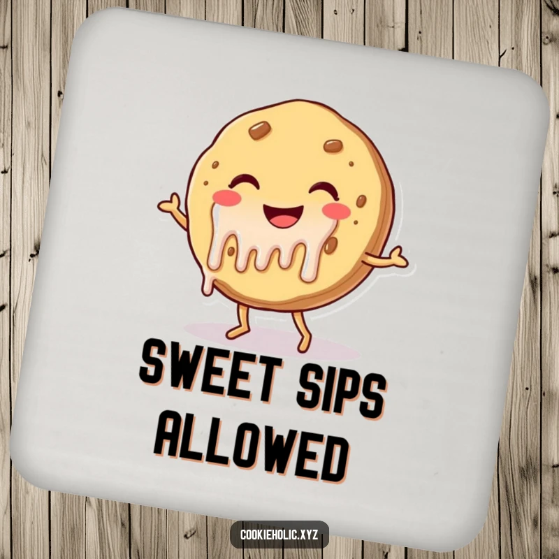 Funny drink coaster showing a smiling cookie with dripping frosting, dancing joyfully, protecting surfaces with a sweet and humorous design.