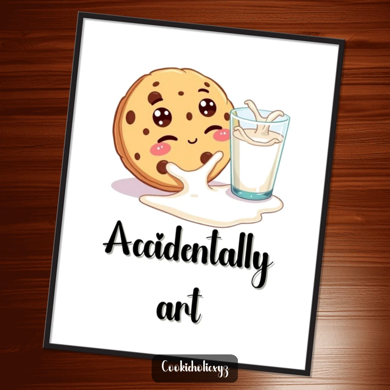 Funny poster art of a cookie with googly eyes winking playfully at a spilled glass of milk, creating a humorous and mischievous visual.