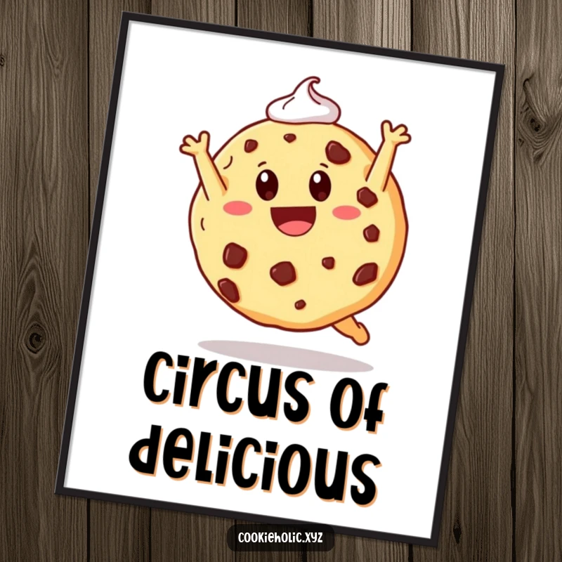 Funny poster showing a happy cookie performing a joyful somersault with frosting trailing, adding sweet art to decor.