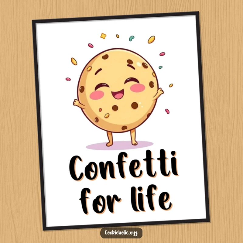 Funny giggling cookie poster, round cookie character juggling tiny sprinkles with joy, cheerful and playful wall art.