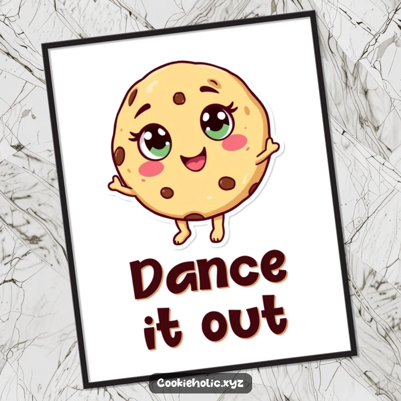 Funny dancing cookie poster depicting a cookie character with candy eyes and a swirl mouth, grooving energetically.