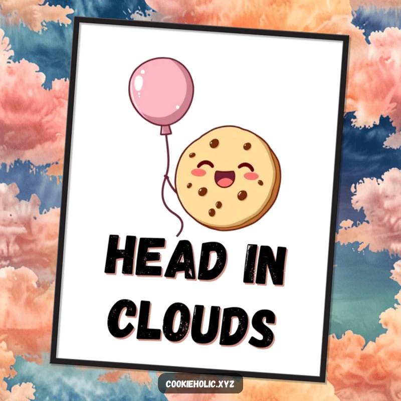 Funny poster print of a delighted cookie character floating upwards, attached to a creative helium balloon made of frosting.