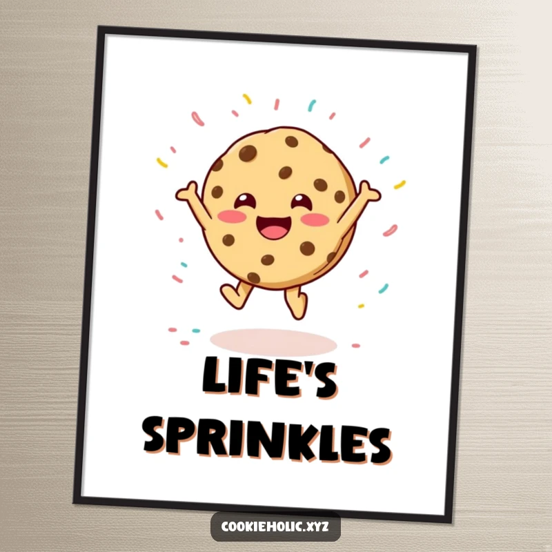 Funny poster print of a jubilant cookie character leaping energetically, with a whimsical shower of sprinkles all around.