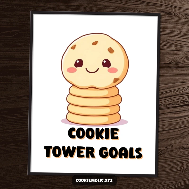 Funny poster showing a grinning sugar cookie balancing three smaller cookies, adding sweet and humorous wall art.