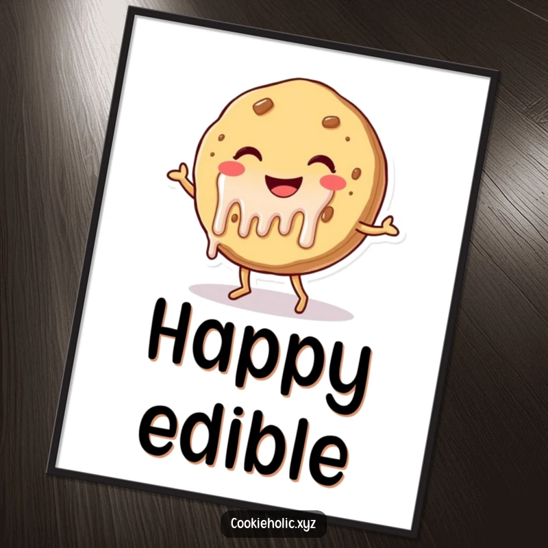 Funny poster art of a smiling cookie with dripping frosting playfully dancing, creating a joyful and humorous visual.