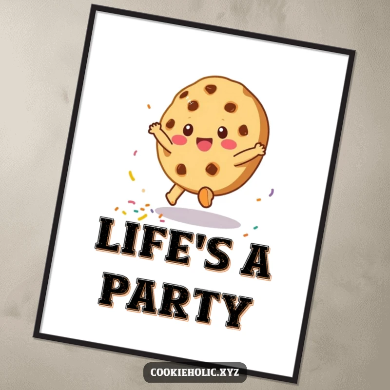 Funny poster of a cookie character doing a cartwheel, scattering sprinkles, creating a lively and humorous piece of wall art.