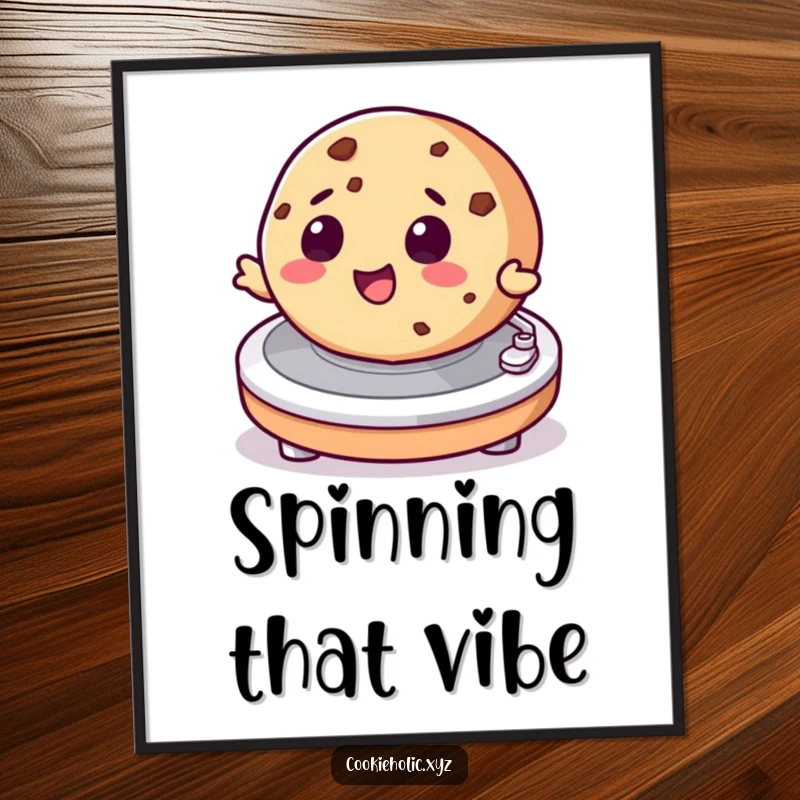 Funny poster of a cookie character enthusiastically spinning on a DJ turntable, creating a lively and humorous visual.