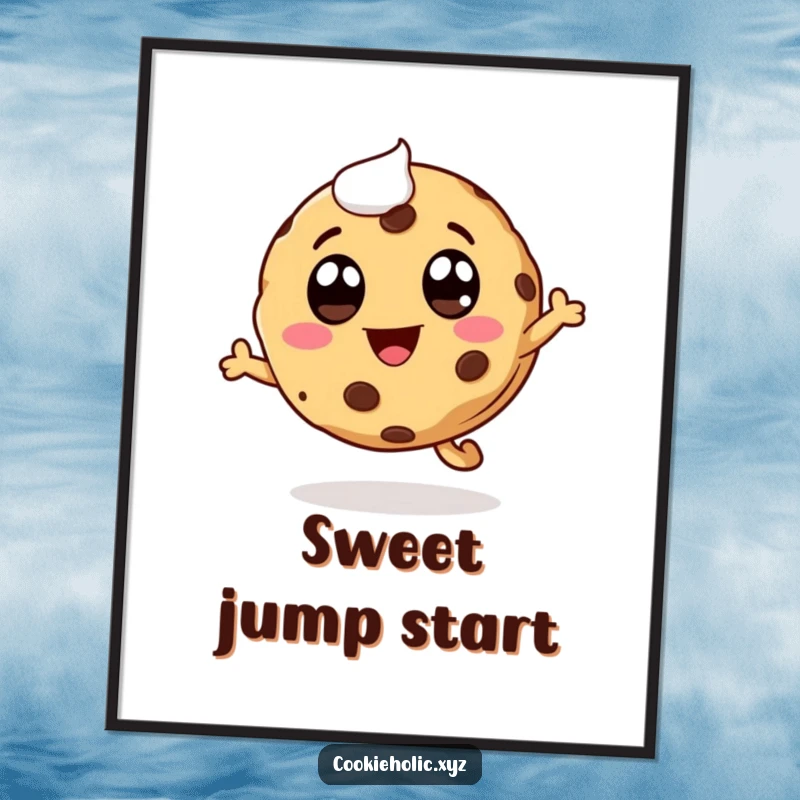 Funny whimsical cookie poster, cookie character leaping with icing eyes and a smiling mouth, energetic and cheerful wall art.