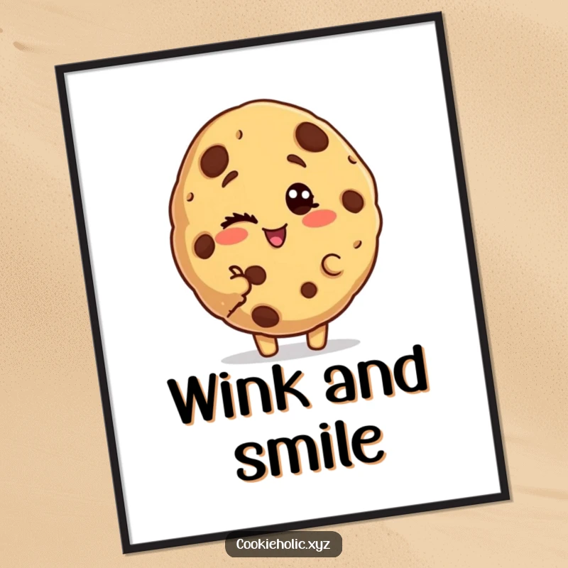 Funny bitten cookie poster featuring a cookie character with a chunk missing, winking playfully at the viewer.