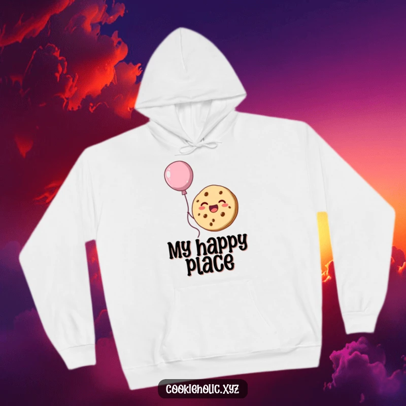 Funny hoodie showcasing a delighted cookie character floating upwards, connected to a unique frosting-sculpted helium balloon.