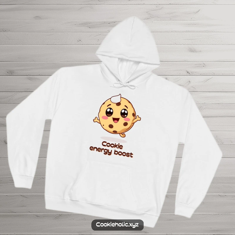 Funny whimsical cookie hoodie, cute cookie character leaping, with icing eyes and a smiling mouth, comfortable and fun.