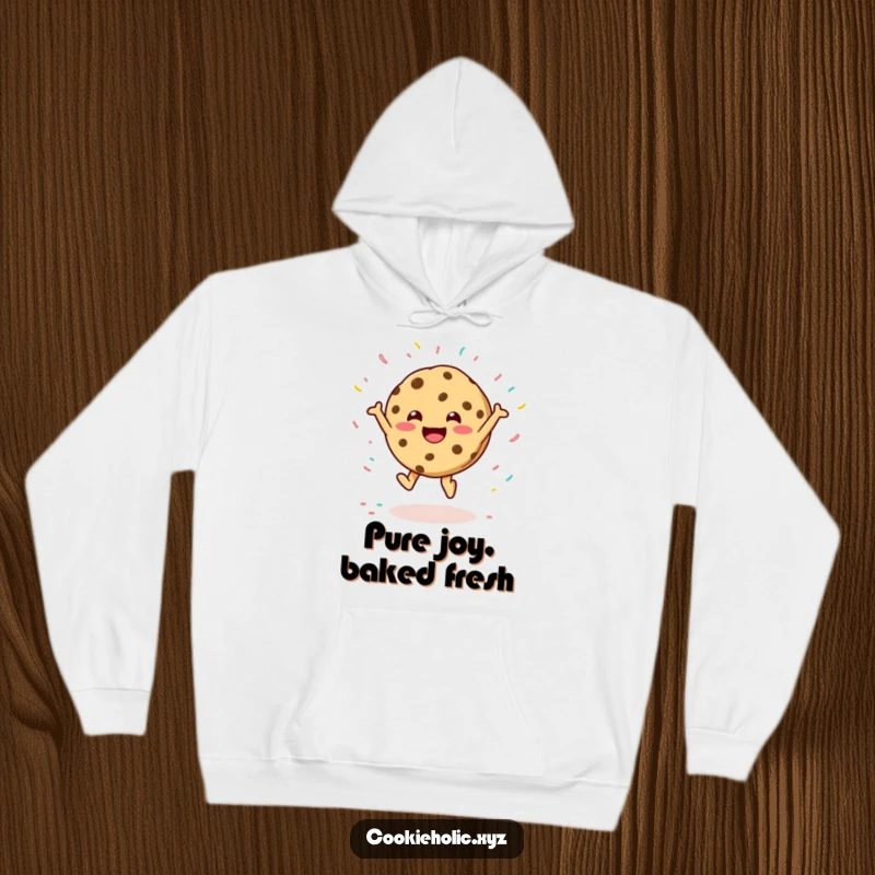 Funny hoodie with a happy cookie character joyfully leaping, adorned with a whimsical pattern of falling sprinkles.