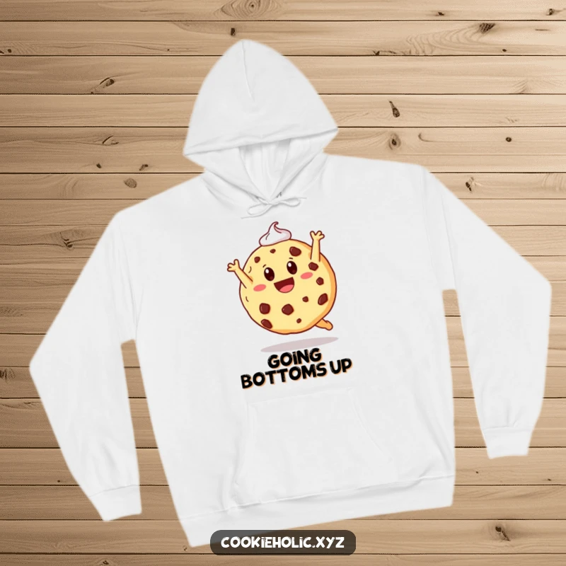 Funny hoodie featuring a cookie mid-somersault with frosting trailing, offering cozy warmth and sweet humor.