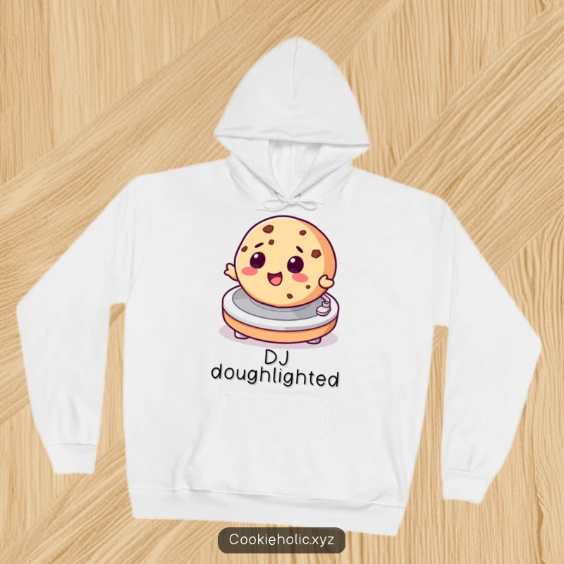 Funny hoodie featuring a cookie character happily spinning on a record player, perfect for music enthusiasts.