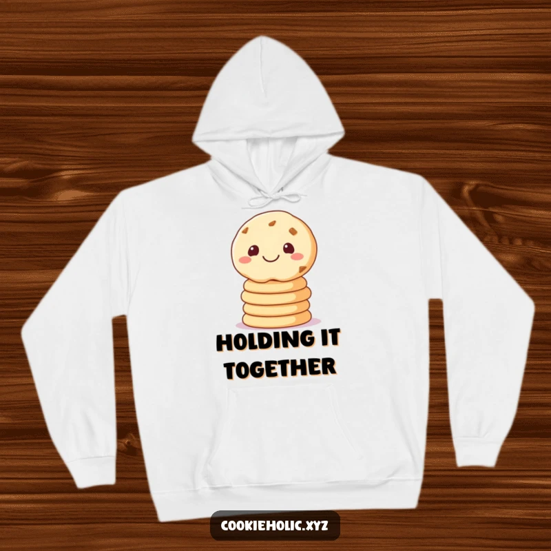 Funny hoodie showcasing a grinning sugar cookie balancing cookies, offering cozy warmth and sweet, humorous charm.