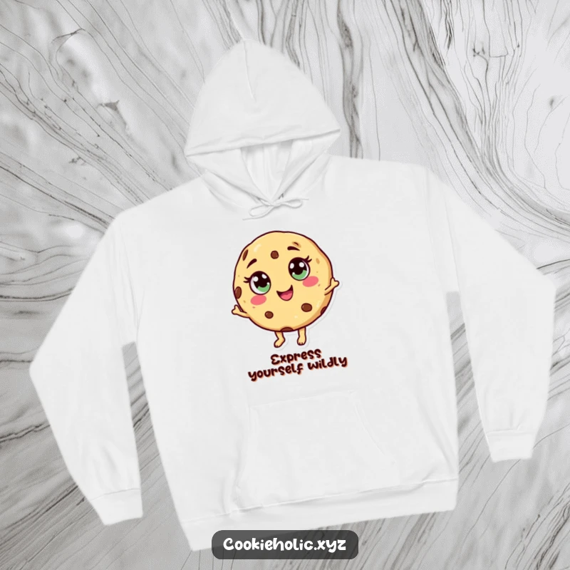 Funny dancing cookie hoodie featuring a cookie character with candy eyes and a swirl mouth, dancing joyfully.