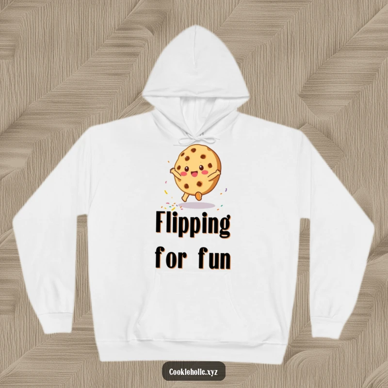 Funny hoodie featuring a joyful cookie character performing a cartwheel, showering delightful sprinkles in a cozy, warm design.