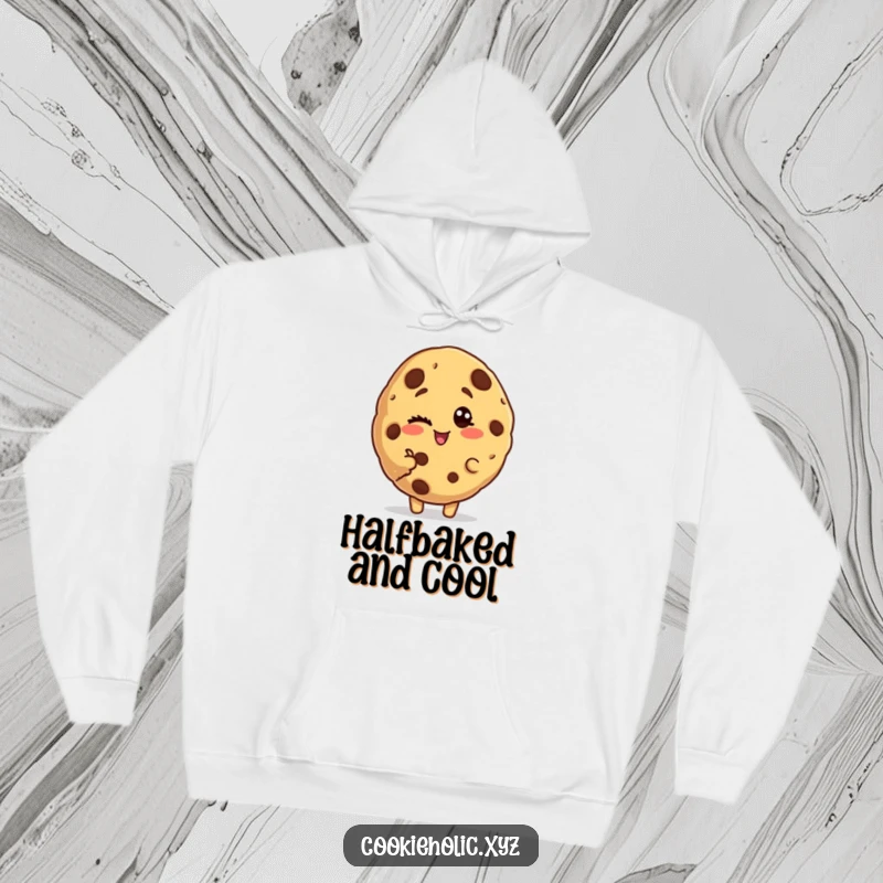 Funny bitten cookie hoodie featuring a cookie character with a bite taken out, winking knowingly and playfully.