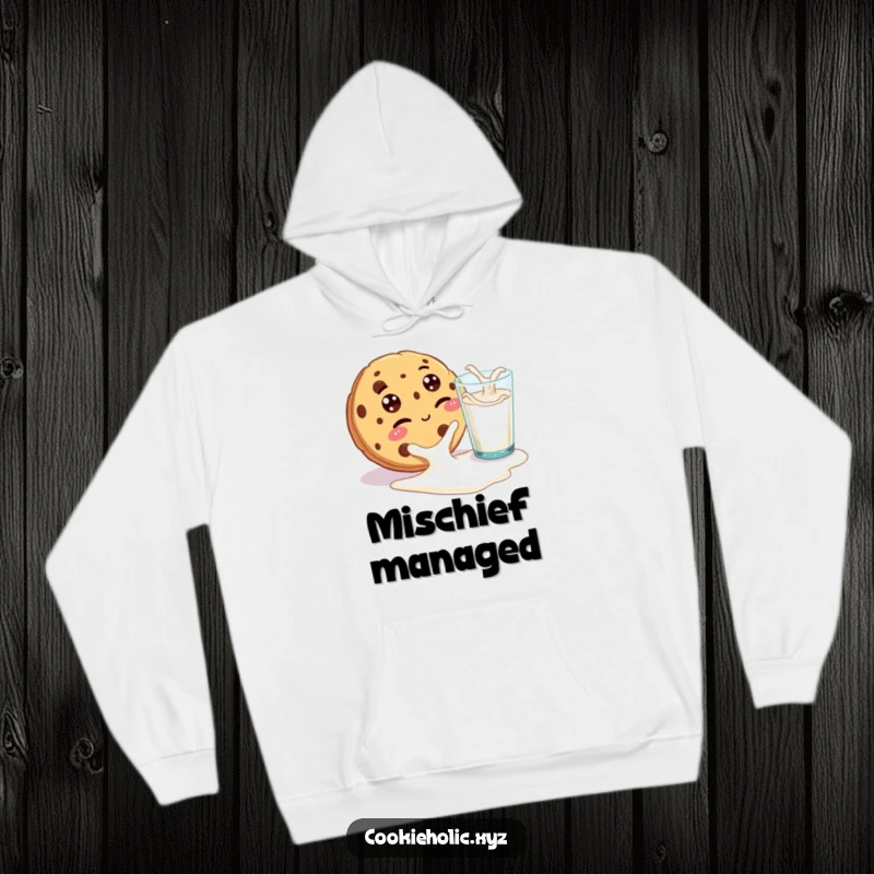 Funny hoodie depicting a cookie with googly eyes winking playfully at a spilled glass of milk, offering cozy and humorous appeal.
