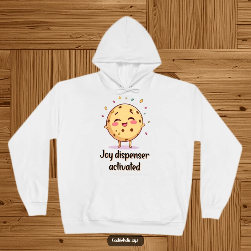 Funny giggling cookie hoodie, cute round cookie character juggling sprinkles with joy, comfortable and fun.