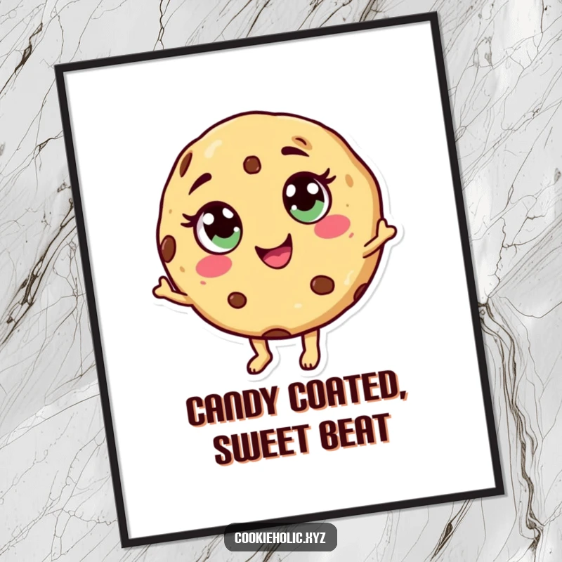 Funny Free Printable Wall Art: A Cookie with Candy Eyes and a Swirl Mouth Dancing Merrily, Full of Joy.