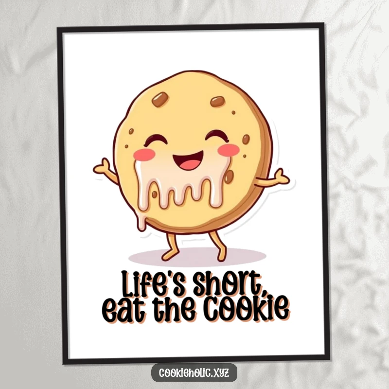 Funny free printable wall art featuring a smiling cookie with frosting drips, caught mid-dance.