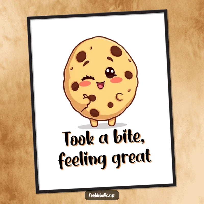 Funny Free Printable Wall Art: A Cookie with a Bite Taken Out, Winking Playfully with a Mischievous Charm.