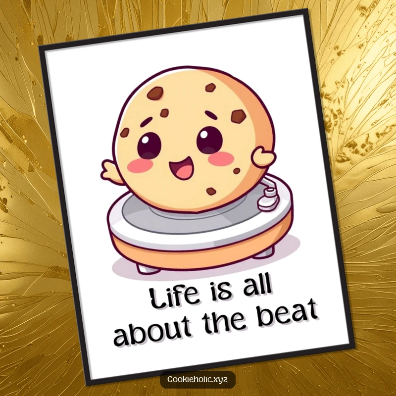Funny free printable wall art of a cookie spinning on a turntable, radiating positive vibes and musical energy.