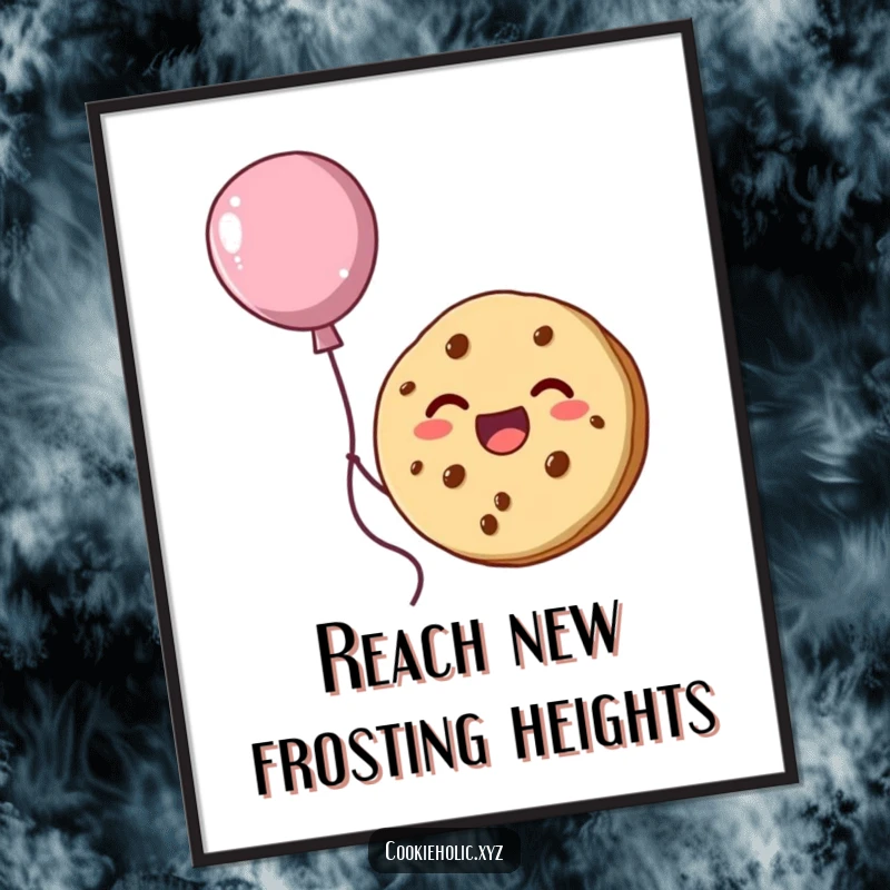 Funny Free Printable Wall Art: A delighted cookie character is carried upwards by a buoyant frosting balloon, symbolizing dreamy ambitions.