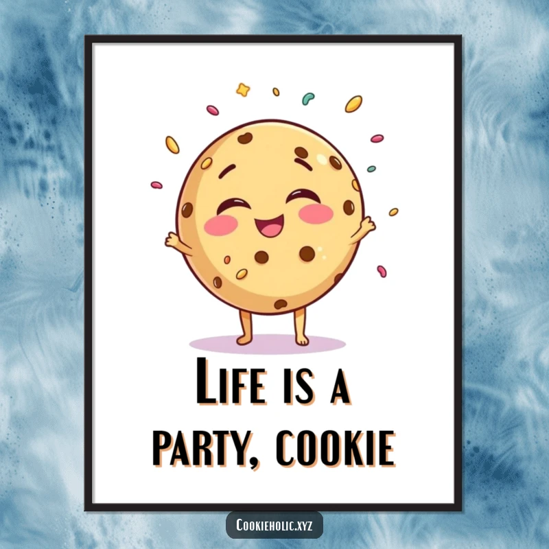 Funny Free Printable Cookie Wall Art, showing a round, giggling cookie character joyfully juggling a cascade of tiny sprinkles.