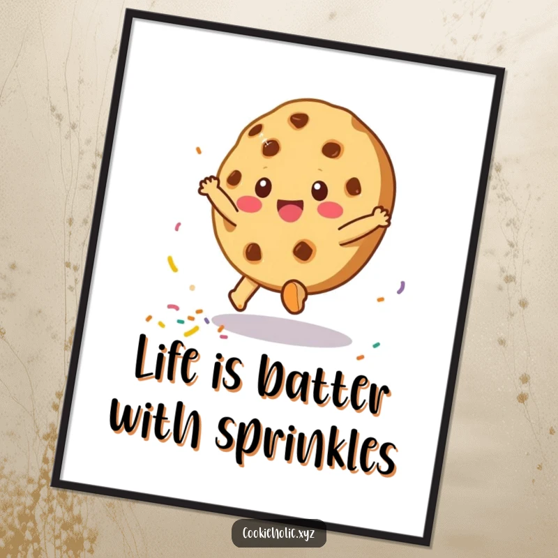 Funny free printable wall art of a cookie doing a cartwheel, scattering sprinkles, bringing energetic and whimsical decor to your space.