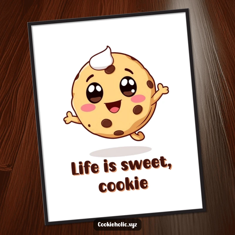Funny Free Printable Cookie Wall Art, depicting a whimsical cookie character with icing eyes and a smiling mouth, captured mid-leap.